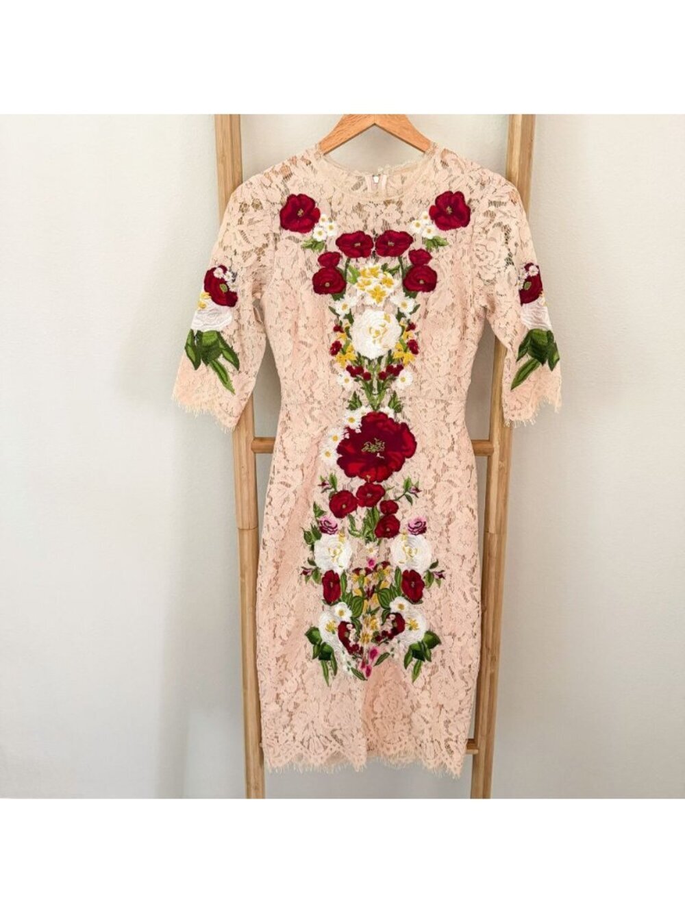 Made in Italy Floral Embroidered Lace Sheath Dress Silk Blend Midi Cream Size S